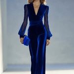 Vintage Elegant And Exquisite V-neck Mesh Long-sleeved Royal Blue Velvet Jumpsuit