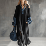 Fashionable Casual Black Knitted Denim Trim Maxi Dress
