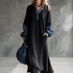 Fashionable Casual Black Knitted Denim Trim Maxi Dress