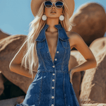 【24-hour shipping out】Fashionable Denim Ruffle Sleeveless Button Mini Dress