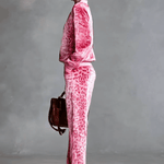 Casual Sporty Retro Pink Velvet Leopard Print Sweatshirt And Wide-Leg Pants Set