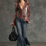 Vintage Pink Velvet Crocodile Print V-Neck Flared Long-Sleeved Shirt