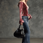 Vintage Pink Velvet Crocodile Print V-Neck Flared Long-Sleeved Shirt