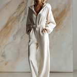 Casual Loose Fashionable White Corduroy Hooded Front Zipper Long Sleeve Jumpsuit