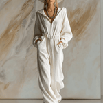 Casual Loose Fashionable White Corduroy Hooded Front Zipper Long Sleeve Jumpsuit