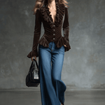 Fashion Retro Cocoa Brown Velvet V-Neck Ruffled Long-Sleeved Shirt