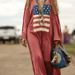 Vintage Casual Western Long Sleeve Flag Print Pink Cotton Loose Maxi Dress