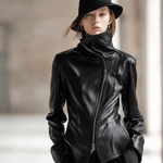 Personality And Fashion High Collar Oblique Zipper Black PU Jacket
