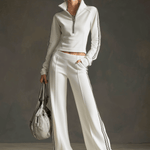 Sporty Retro Striped Webbing White Long-Sleeve Sweatshirt And Wide-Leg Pants Set