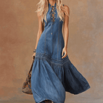 Elegant Vintage Western Tie-neck Sleeveless Bubble Hem Blue Denim Maxi Dress