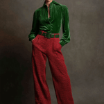 Retro Green Velvet Pleated Long-sleeved Shirt And Houndstooth Wide-leg Pants Set