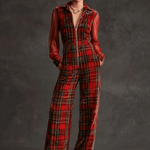 Retro Long-sleeved Mesh Red And Green Plaid Velvet Wide-leg Jumpsuit