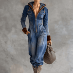 Vintage Casual Western Hooded V-neck Zipper Velvet Stitching Blue Denim Jumpsuit