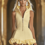 Fashion Slim Fit Goose Yellow Front Zip Hooded Ruffle Sleeveless Mini Dress