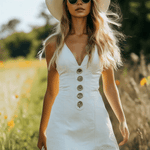 Retro Casual V-Neck Front Button White Denim Mini Dress