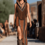 【24-hour shipping out】Western Retro Colorful Striped Knitted Tassel Hooded Slit Maxi Dress