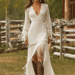 Retro White Lace V-neck Long Sleeve Tassel Short Front And Long Back Skirt Maxi Dress