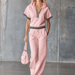 Elegant Fashion Sporty Hooded Front Zipper Short-sleeved Pink Cotton Top And Pants Set