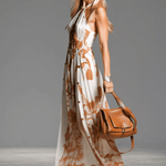 Vintage Bohemia Halter Neck Brown Western Print Off White Chiffon Split Maxi Dress