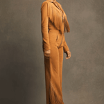 Western Retro Light Brown Faux Suede Zipper Tassel Long-Sleeved Jumpsuit
