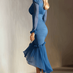 Stylish And Elegant Blue V-neck Midi Dress
