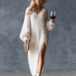 Comfortable Lazy Exquisite V-neck Metal Button White Imitation Rabbit Fur Knitted Side Slit Midi Dress