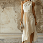 【24-hour shipping out】Elegant High-end Evening Gown White Pleated Sleeveless Midi Dress