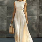 Elegant Casual And Comfortable Cream Knitted Chiffon Pleated Hem Maxi Dress