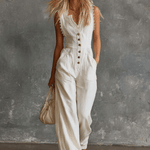 Elegant Vintage Western V-neck Front Buttons Lace Trim White Cotton Jumpsuit