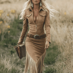 Retro Western Lapel Zipper Long Sleeve Tassel Midi Dress