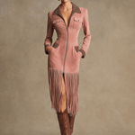 Western Retro Leopard Print Pink Faux Suede Zipper Tassel Midi Dress
