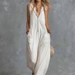 Vintage Casual Western Hooded V-neck Front Zip Lace Trim White Cotton Jumpsuit