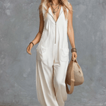 Vintage Casual Western Hooded V-neck Front Zip Lace Trim White Cotton Jumpsuit
