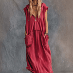 Vintage Casual Sporty Hooded V-neck Front Zip Lace Trim Sleeveless Raspberry Red Cotton Maxi Dress