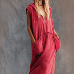 Vintage Casual Sporty Hooded V-neck Front Zip Lace Trim Sleeveless Raspberry Red Cotton Maxi Dress