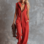 Retro Fashiona Sporty Hooded V-neck Front Zipper Raspberry Red Cotton Jumpsuit