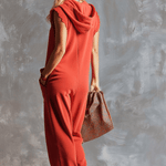 Retro Fashiona Sporty Hooded V-neck Front Zipper Raspberry Red Cotton Jumpsuit