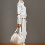 Retro Sporty Webbing Grey-white Half-zip Sweatshirt And Wide-leg Pants Set