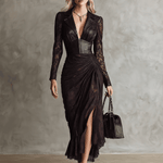 Retro High-end Brown-red Imitation Leather Stitching Lace Long-sleeved Maxi Dress