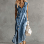 Exquisite Vintage Casual Hooded V-neck Zipper Side Slits Buttons Blue Denim Midi Dress