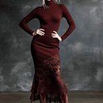 Simple And Elegant High-neck Lace Hem Burgundy Knitted Maxi Dress