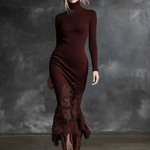 Simple And Elegant High-neck Lace Hem Burgundy Knitted Maxi Dress