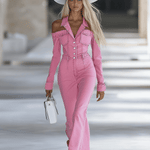 Fashionable Personalized Lapel Pink Denim Off-the-shoulder Long-sleeved Flared Jumpsuit