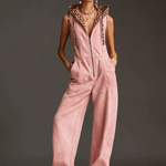 Western Retro Pink Faux Suede Sleeveless Leopard Print Hooded Wide-Leg Jumpsuit