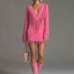 Western-style Retro Embroidered Tassel Pink Faux Suede Mini Dress