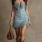 Western Retro Light Blue Faux Suede Sleeveless Tassel Mini Dress