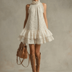 Vacation Retro Beige Lace Sleeveless Ruffled Mini Dress