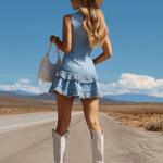 Western Retro Light Blue Denim Frayed Ruffle Sleeveless Mini Dress