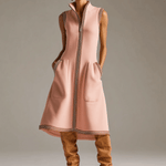 Sporty Retro Striped Ribbed Pink Cotton Blend Sleeveless Midi Dress