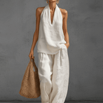 Casual Urban Style White Linen V-neck Sleeveless Top And Wide Leg Pants Set